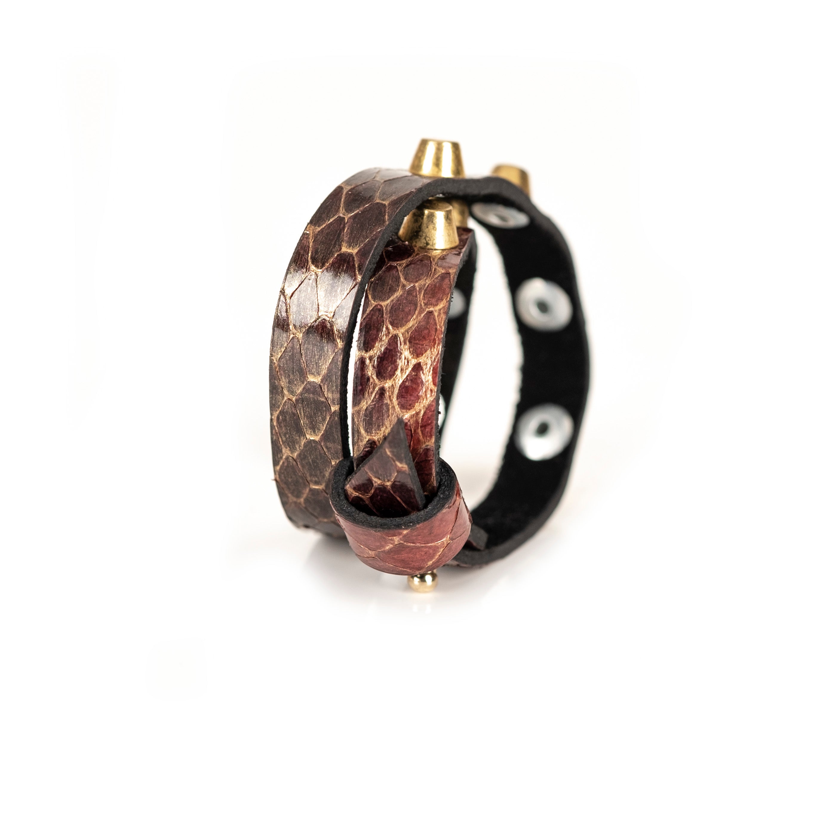 Brown python leather bracelet with gold cone studs, handmade exotic leather statement bracelet by THE DARK