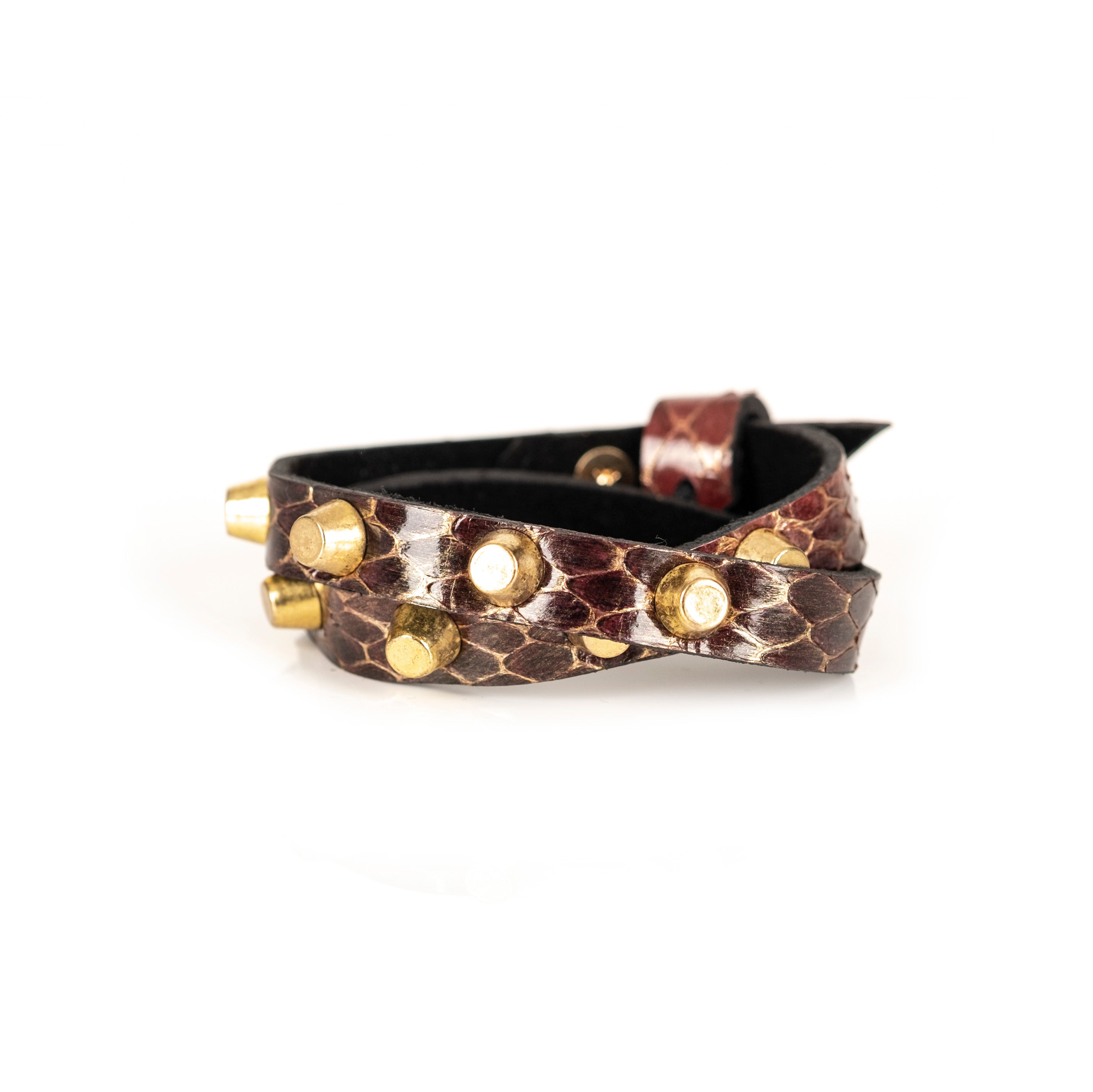 Brown python leather bracelet with gold cone studs, handmade exotic leather statement bracelet by THE DARK