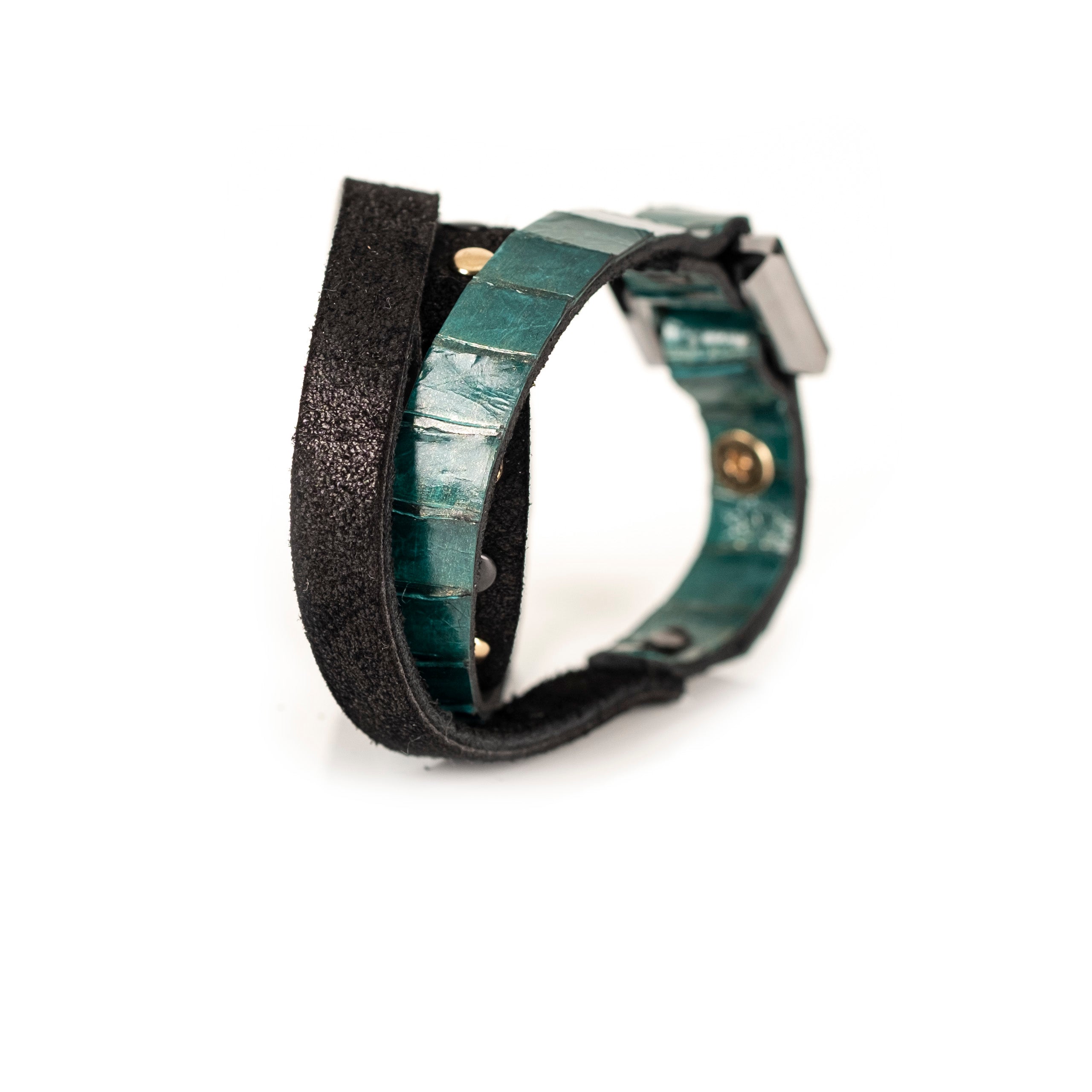 Turquoise crocodile leather bracelet with emerald-cut crystal centerpiece, handmade exotic leather bracelet by THE DARK