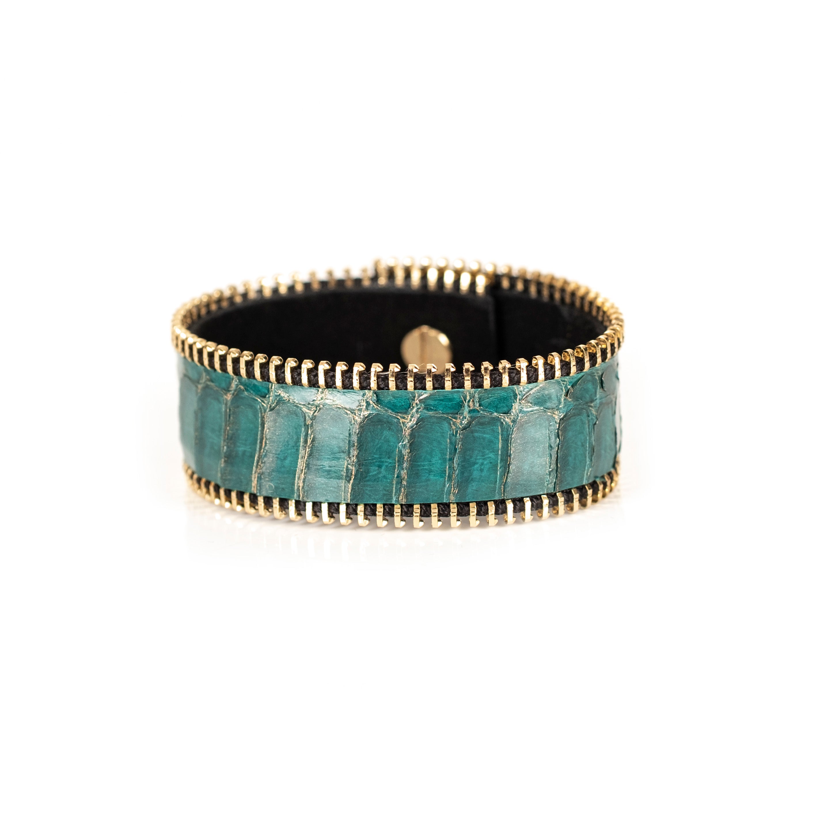 Turquoise crocodile texture leather cuff bracelet with gold zipper edges, handmade exotic leather bracelet by THE DARK