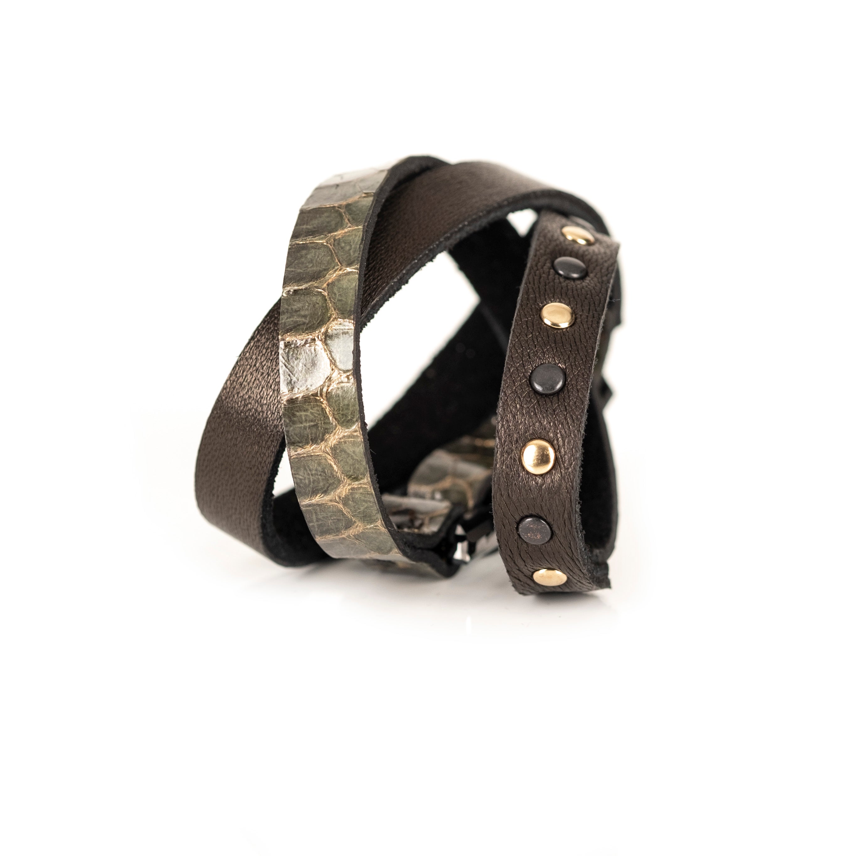 Olive python leather bracelet with blue emerald-cut crystal, handmade exotic leather bracelet by THE DARK