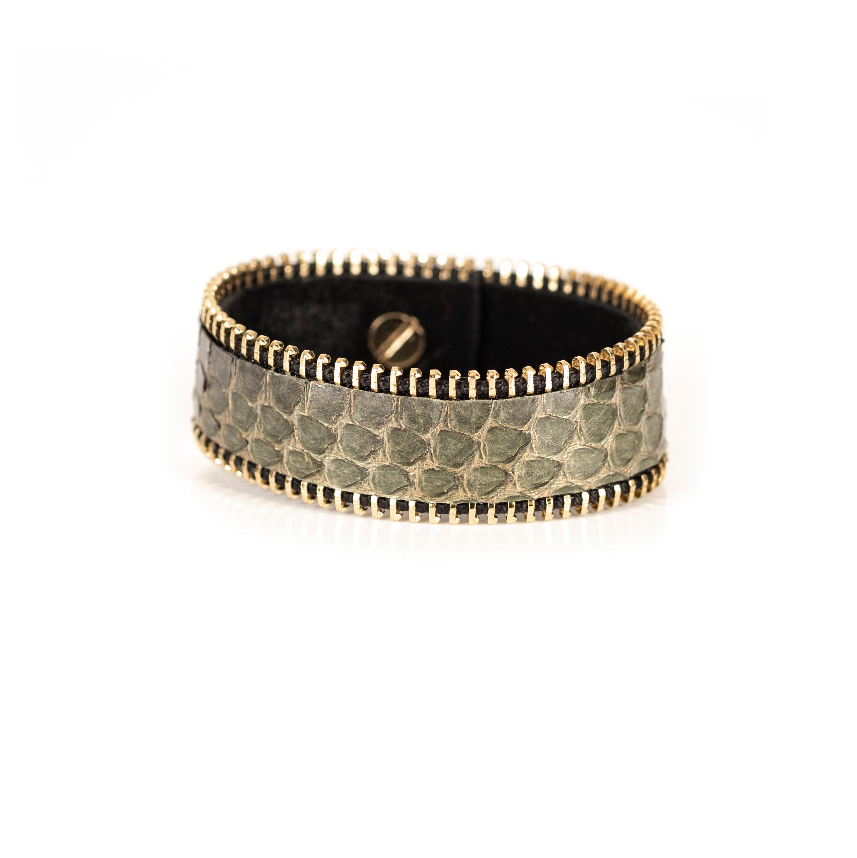 Olive python leather cuff bracelet with gold zipper edges, handmade exotic leather bracelet by THE DARK