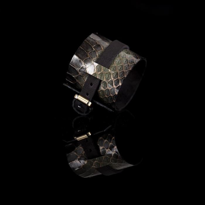 Silver python leather layered cuff bracelet with dark leather band, handmade exotic leather bracelet by THE DARK