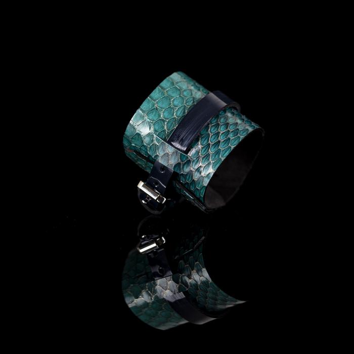 Emerald green python leather cuff bracelet with black leather center band, handmade exotic leather statement bracelet by THE DARK
