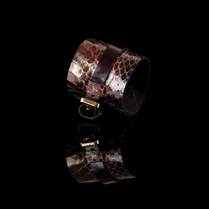Brown python leather layered cuff bracelet with dark leather band, handmade exotic leather bracelet by THE DARK