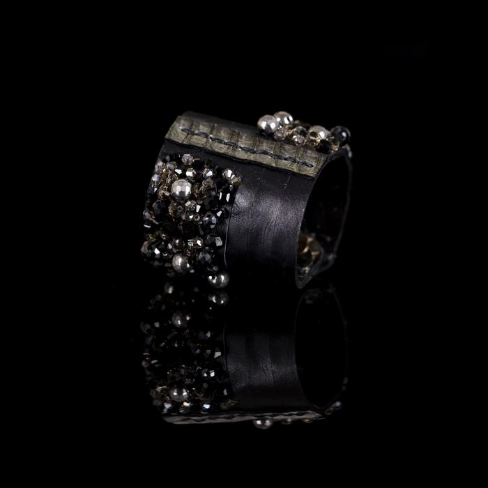 Black leather cuff bracelet with python leather detail and crystal bead embellishments, handmade statement bracelet by THE DARK