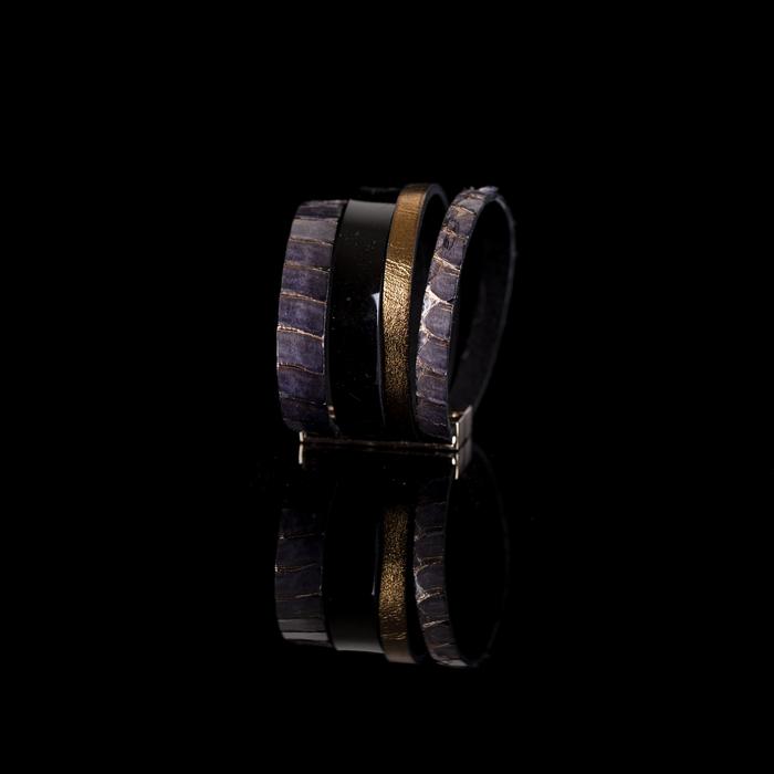 Brown python leather layered cuff bracelet with glossy black and gold leather bands, handmade exotic leather bracelet by THE DARK
