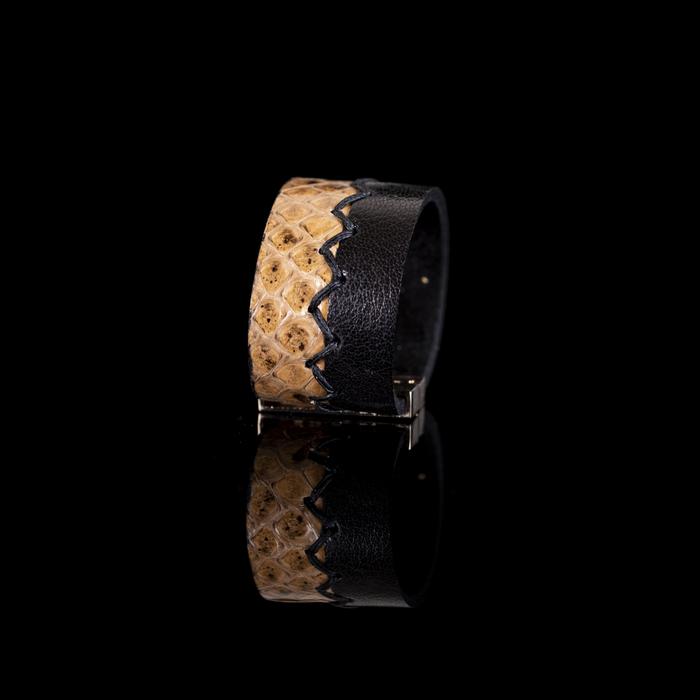 Golden python leather cuff bracelet with black leather contrast and zigzag stitch detail, handmade exotic leather bracelet by THE DARK