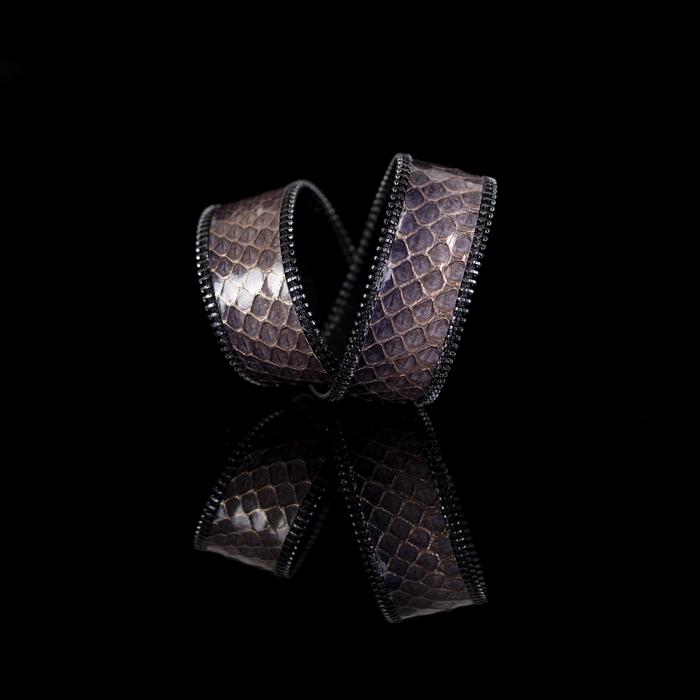 Brown python leather cuff bracelet with industrial zipper edge detail, handmade exotic leather bracelet by THE DARK