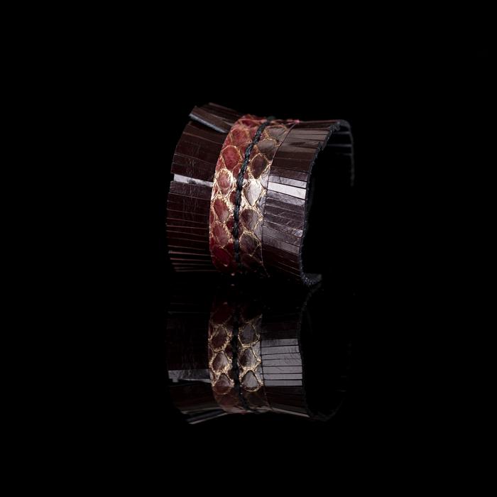Handmade brown leather fringe cuff bracelet with python leather center panel, statement leather bracelet by THE DARK