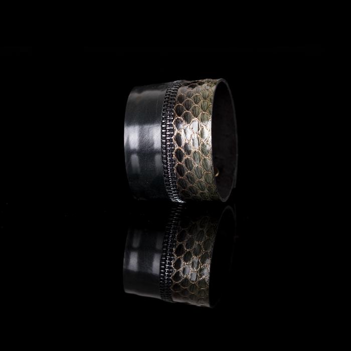 Antique gold python leather cuff bracelet with black zipper detail and dark leather band, handmade exotic leather bracelet by THE DARK
