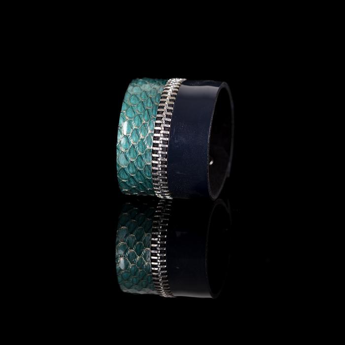 Emerald green python leather cuff bracelet with silver zipper detail and dark leather band, handmade exotic bracelet by THE DARK