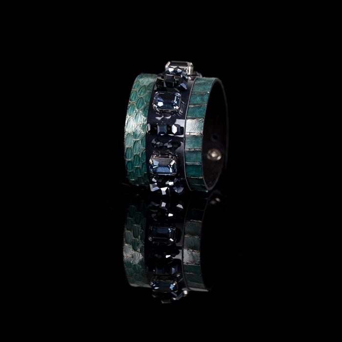 Emerald python leather cuff bracelet with black crystal embellished center band, handmade exotic statement bracelet by THE DARK