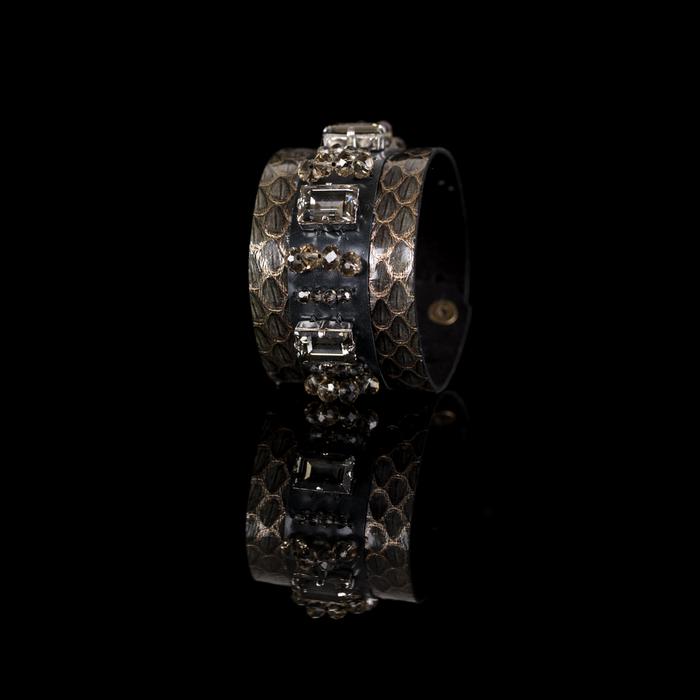 Gold python leather cuff bracelet with black leather center panel and rectangular crystal embellishments, handmade luxury statement bracelet for women by THE DARK