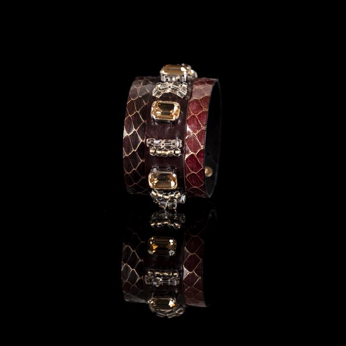 Brown python leather cuff bracelet with black leather center panel and golden rectangular crystals, handmade luxury statement bracelet for women by THE DARK