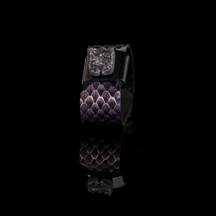 Smoky python leather cuff bracelet with black leather band and dark druzy crystal centerpiece, handmade statement bracelet for women by THE DARK