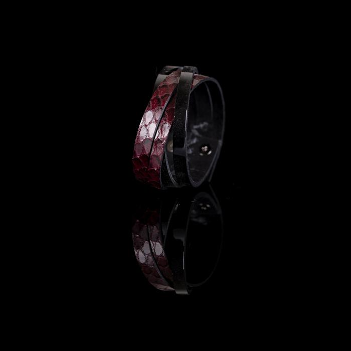 Layered burgundy python leather cuff bracelet with overlapping black leather straps, handmade exotic leather statement bracelet by THE DARK