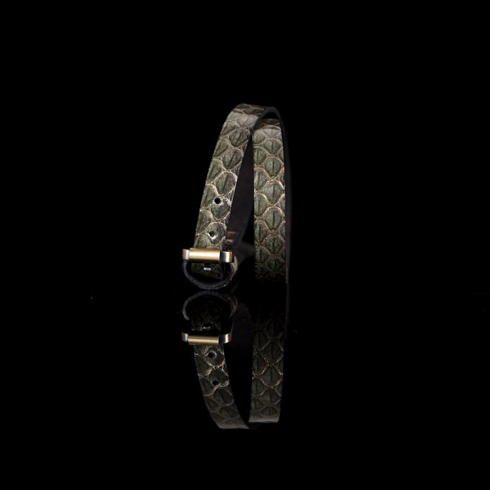 Olive python leather wrap bracelet with gold buckle closure, handmade exotic leather bracelet by THE DARK