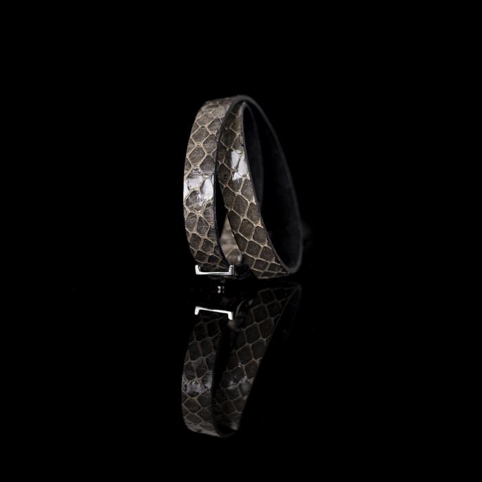 Smoky python leather wrap bracelet with gunmetal buckle closure, handmade exotic leather bracelet by THE DARK