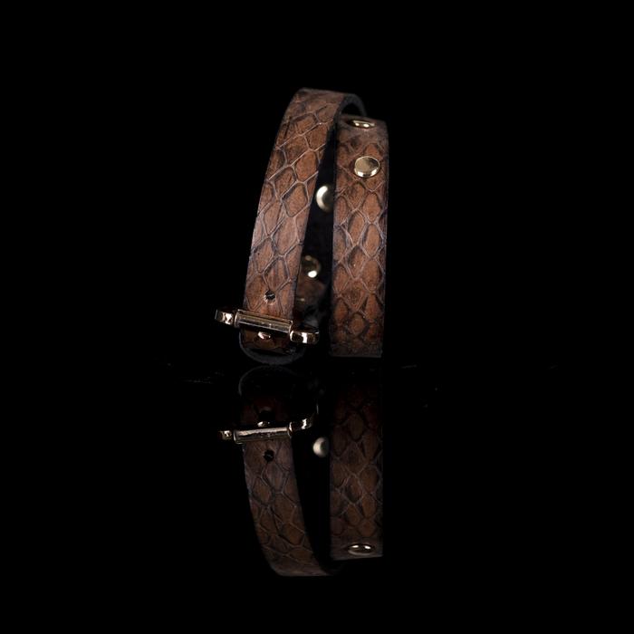 Brown python leather wrap bracelet with gold buckle closure and gold rivets, handmade exotic leather bracelet by THE DARK