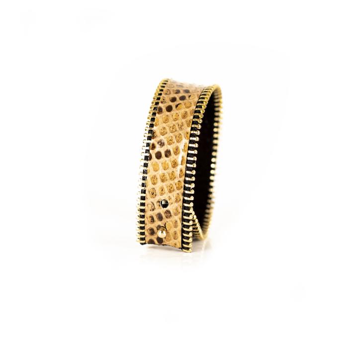 Golden python leather wide cuff bracelet with gold stitched edge detail, handmade exotic leather statement bracelet for women by THE DARK