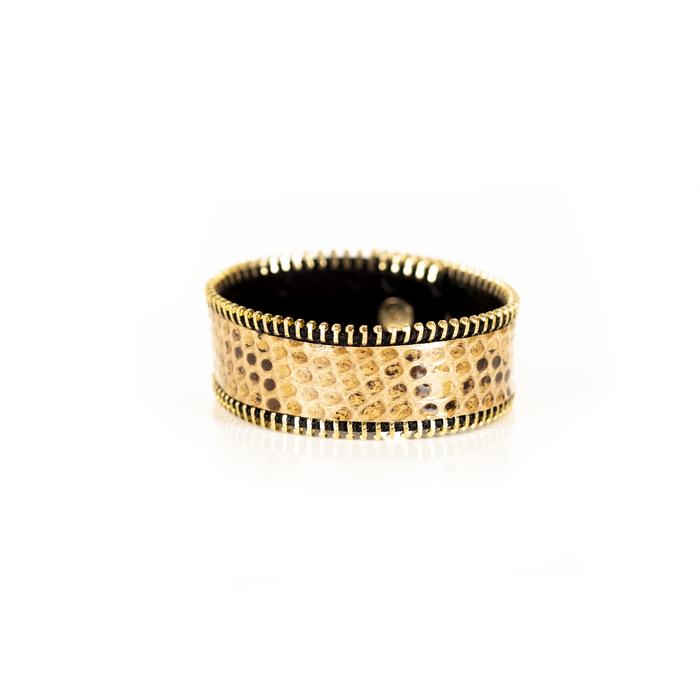 Golden python leather wide cuff bracelet with gold stitched edge detail, handmade exotic leather statement bracelet for women by THE DARK