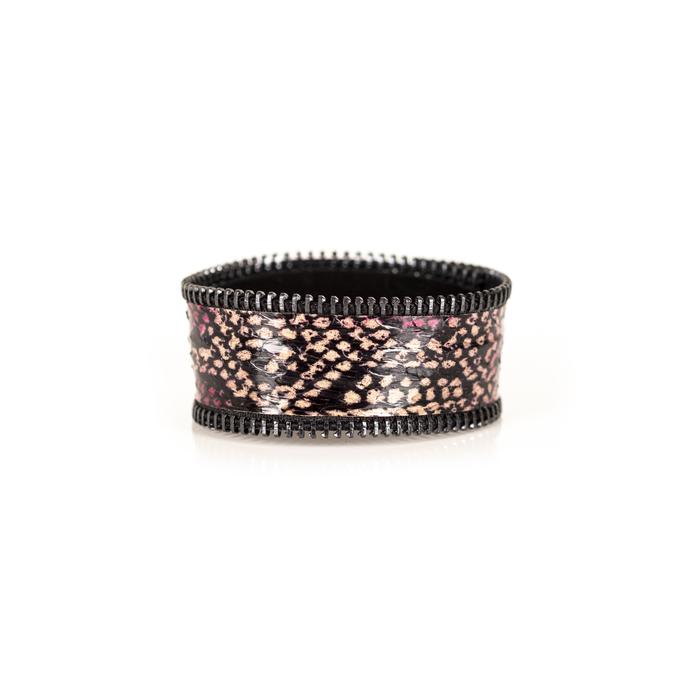 Pink python leather wide cuff bracelet with gunmetal stitched edge detail, handmade exotic leather statement bracelet for women by THE DARK