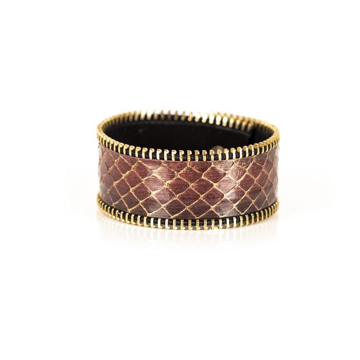 Rust python leather wide cuff bracelet with gold stitched edge detail, handmade exotic leather statement bracelet for women by THE DARK