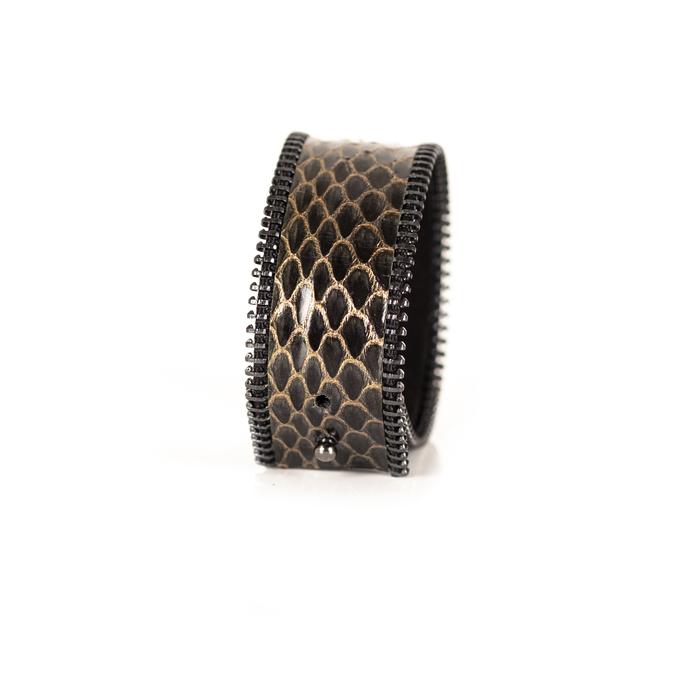 Smoky python leather wide cuff bracelet with gunmetal stitched edge detail, handmade exotic leather statement bracelet for women by THE DARK