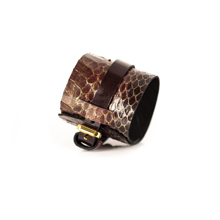Brown python leather layered cuff bracelet with dark leather band, handmade exotic leather bracelet by THE DARK