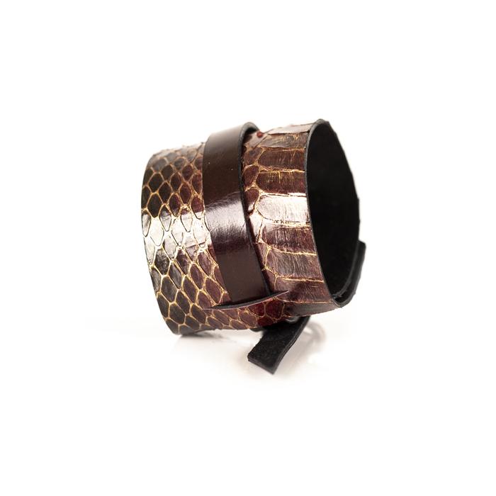 Brown python leather layered cuff bracelet with dark leather band, handmade exotic leather bracelet by THE DARK