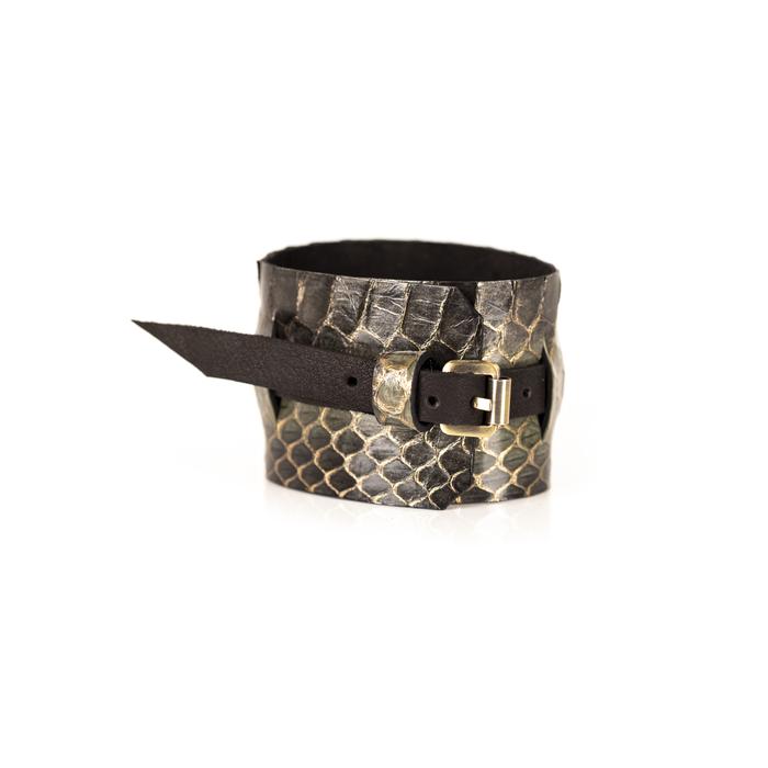 Silver python leather layered cuff bracelet with dark leather band, handmade exotic leather bracelet by THE DARK