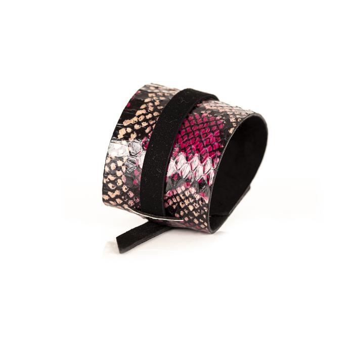 Fuchsia pink python leather cuff bracelet with black leather center band, handmade exotic leather statement bracelet by THE DARK