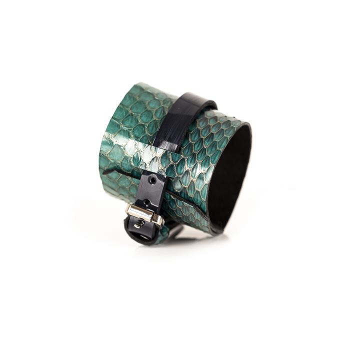 Emerald green python leather cuff bracelet with black leather center band, handmade exotic leather statement bracelet by THE DARK