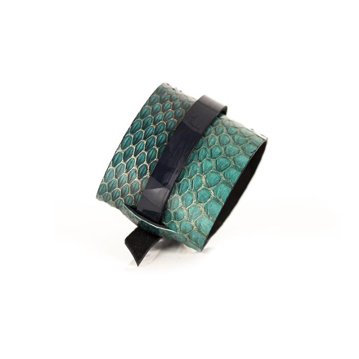 Emerald green python leather cuff bracelet with black leather center band, handmade exotic leather statement bracelet by THE DARK