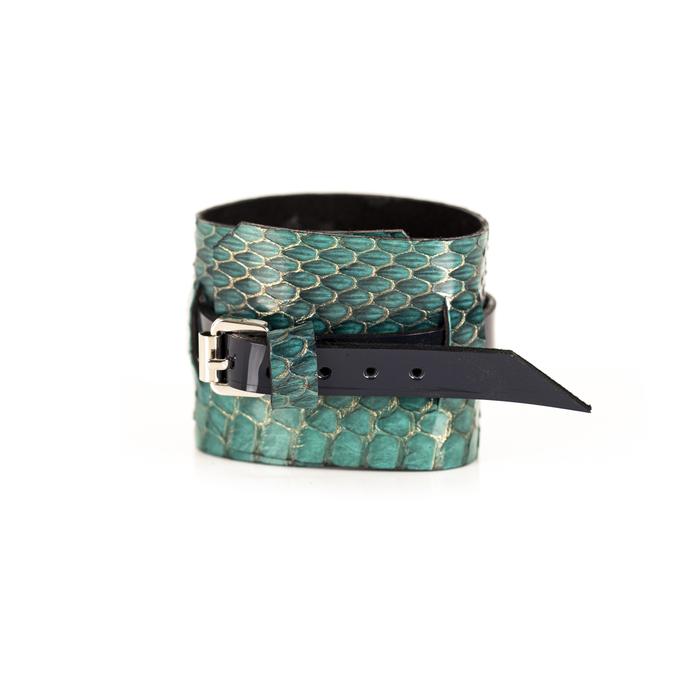 Emerald green python leather cuff bracelet with black leather center band, handmade exotic leather statement bracelet by THE DARK