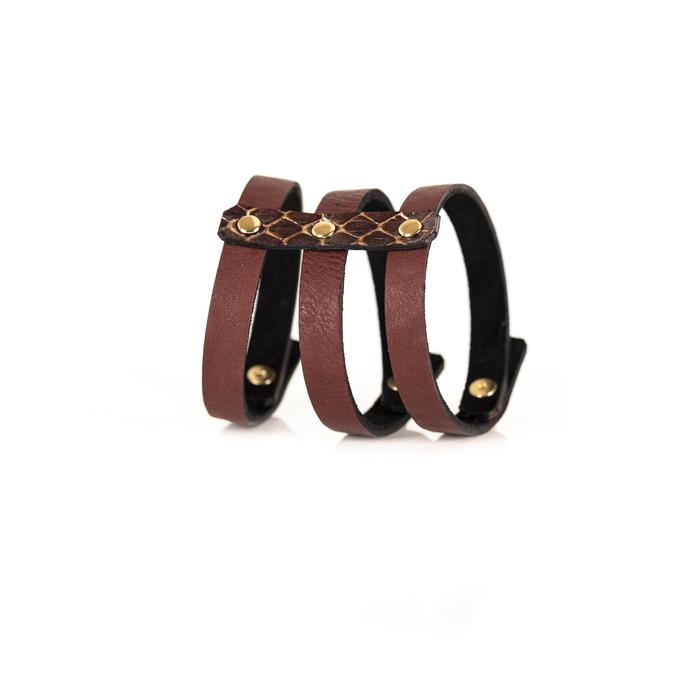 Triple strap brown leather cuff bracelet with python leather accent and gold rivets, handmade leather statement bracelet by THE DARK