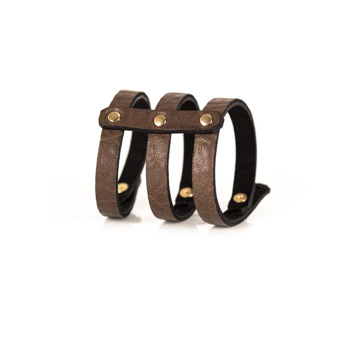 Triple strap brown leather cuff bracelet with gold rivets, handmade minimalist leather statement bracelet by THE DARK