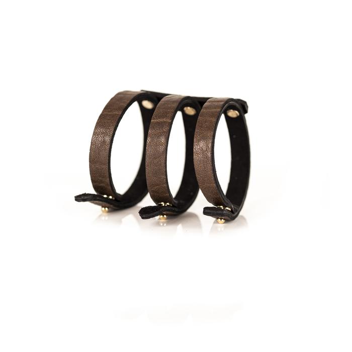 Triple strap brown leather cuff bracelet with gold rivets, handmade minimalist leather statement bracelet by THE DARK