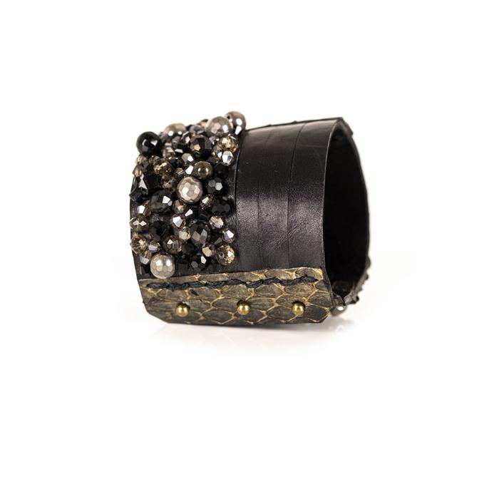 Black leather cuff bracelet with python leather detail and crystal bead embellishments, handmade statement bracelet by THE DARK