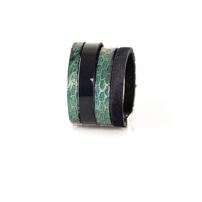 Green python leather cuff bracelet with glossy black center band, handmade exotic leather bracelet by THE DARK