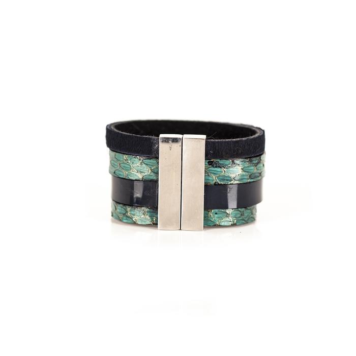 Green python leather cuff bracelet with glossy black center band, handmade exotic leather bracelet by THE DARK