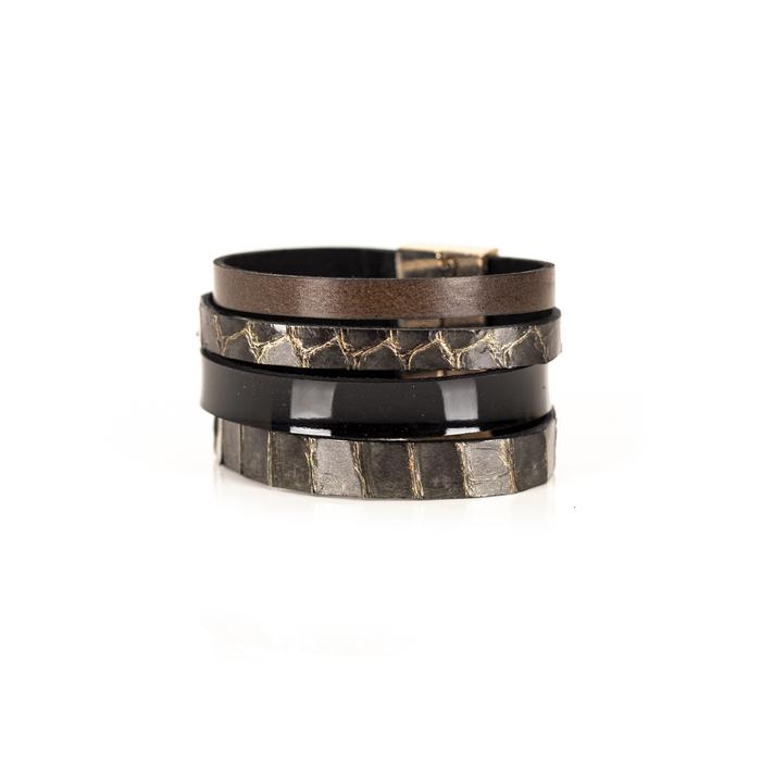 Black python leather layered cuff bracelet with glossy black band, handmade exotic leather bracelet by THE DARK