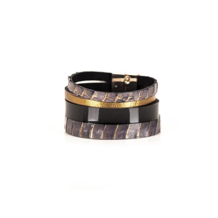 Brown python leather layered cuff bracelet with glossy black and gold leather bands, handmade exotic leather bracelet by THE DARK