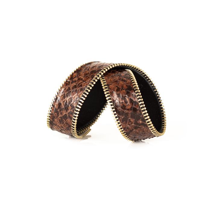 Brown python leather cuff bracelet with gold zipper edge detail, handmade exotic leather bracelet by THE DARK