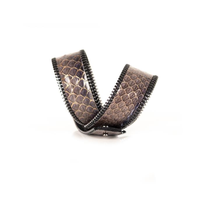 Brown python leather cuff bracelet with industrial zipper edge detail, handmade exotic leather bracelet by THE DARK