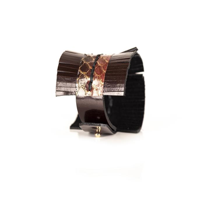 Handmade brown leather fringe cuff bracelet with python leather center panel, statement leather bracelet by THE DARK