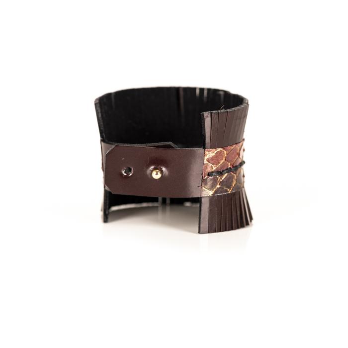 Handmade brown leather fringe cuff bracelet with python leather center panel, statement leather bracelet by THE DARK