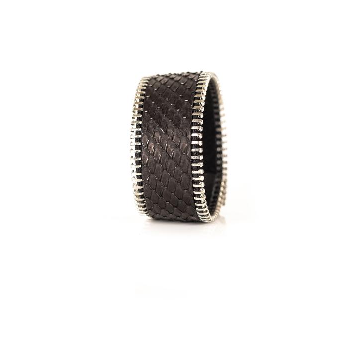 Brown python leather wide cuff bracelet with silver stitched edge detail, handmade exotic leather statement bracelet for women by THE DARK