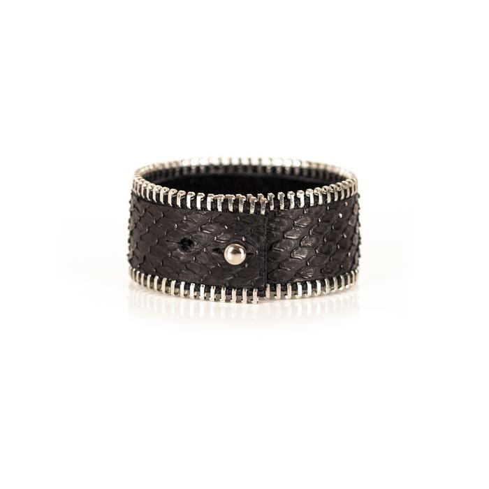 Brown python leather wide cuff bracelet with silver stitched edge detail, handmade exotic leather statement bracelet for women by THE DARK